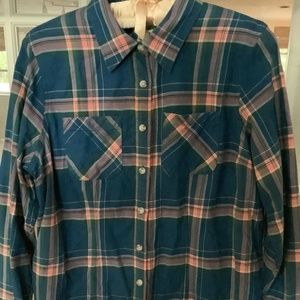 L.L.Bean Flannel Plaid Long Sleeve Button Down Shirt Teal & Pink Women's Sm